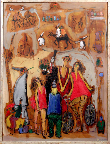Giuseppe Succi - Il circo, olio su tavola, cm 100x75, entro cornice.