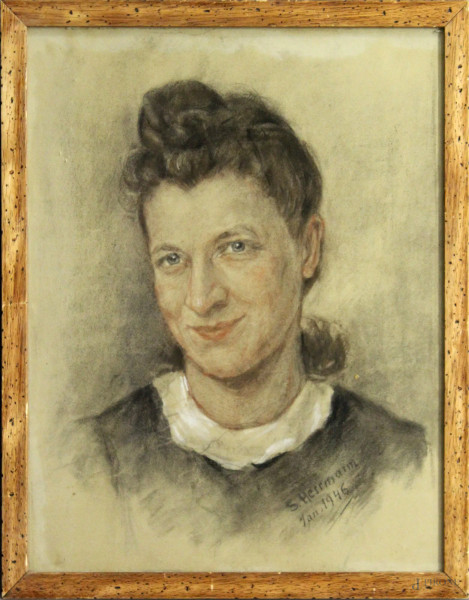 Ritratto di donna, disegno a tecnica mista su carta firmato e datato, cm 38 x 48, entro cornice.