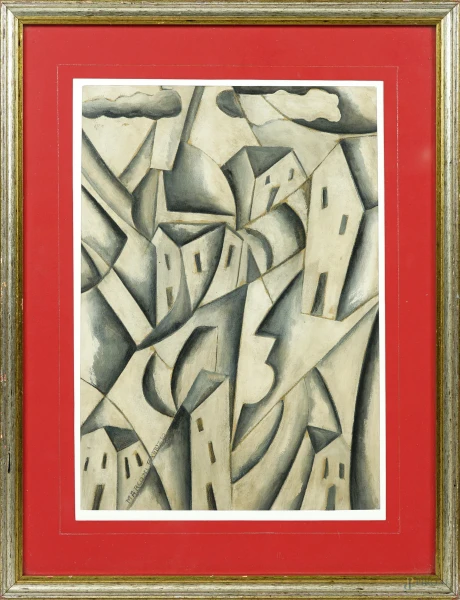 Fabrizio Marconi "Marfa", Paese di Ogisvaldo futurista, olio su carta telata, cm 34x24, firmato in basso a sinistra, entro cornice