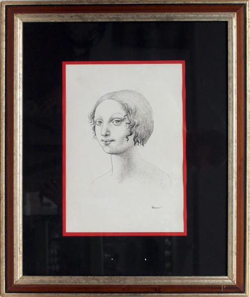 Porzano Giacomo - Volto di fanciulla, disegno a china su carta, cm 34 x 23, entro cornice.