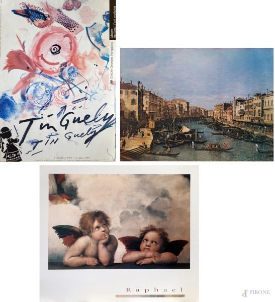 Lotto composto da tre manifesti vintage: Centre George Pompidou, Raphael, Canaletto, ciascuno cm 70x50 circa
