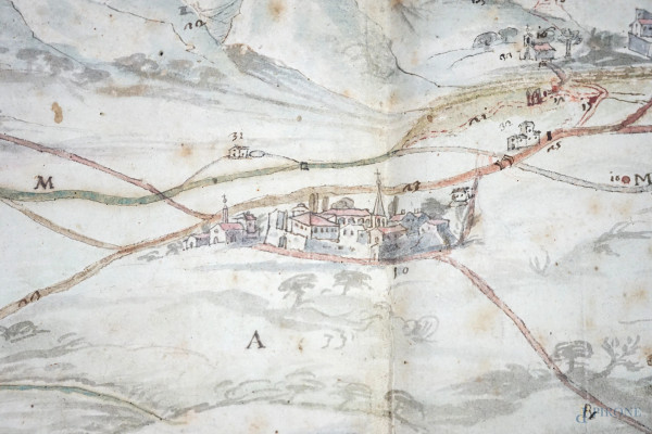 Lotto composto da 7 carte topografiche di Narni e dintorni, carta applicata su juta, sec. XVIII, ...