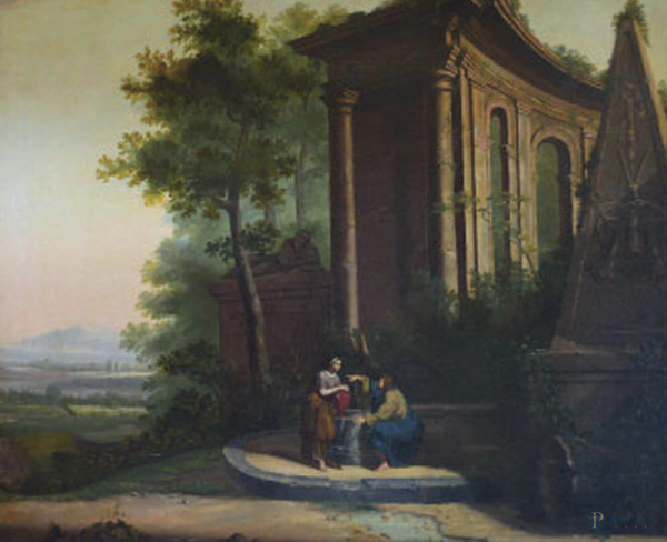 Samaritana al pozzo su sfondo paesaggio con architetture romane, interessante dipinto ad olio su tela 235x290
