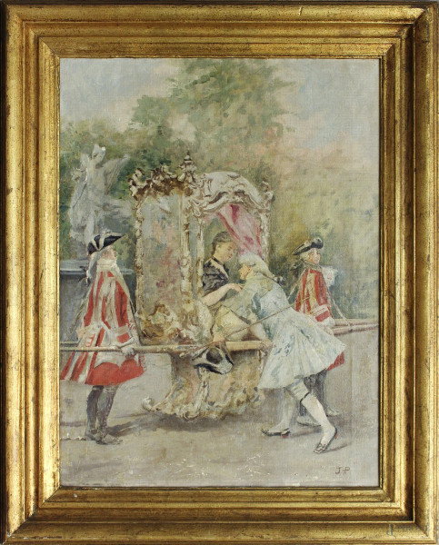 Scena settecentesca, dipinto ad olio su tela, siglato S.P., cm 57 x 43, entro cornice.