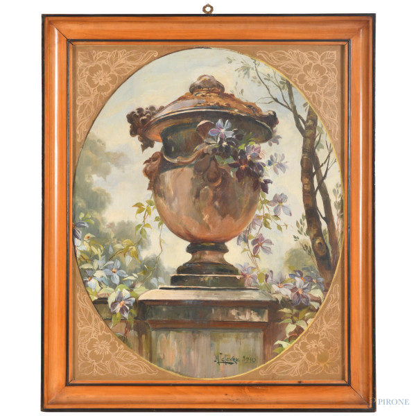 M. Lefevre, Primavera, olio su tela, cm 73x60 entro cornice, firmato e datato 1910 in basso