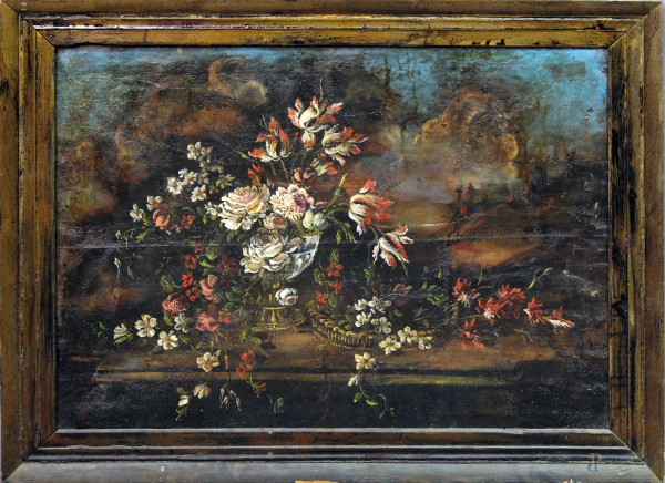 Natura morta con vaso di fiori, antico dipinto ad olio su tela, cm 55x75, entro cornice.