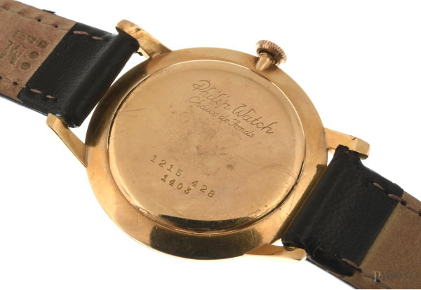 Philip Watch Chaux de Fonds, in oro 750 con cinturino in pelle nera, misura cassa cm 3,5, lunghez...