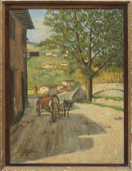 Paesaggio con carro e figura, olio su tela 93x62 cm, entro cornice, recante firma Castellani.