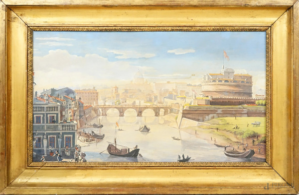 Veduta di Castel Sant'Angelo e S.Pietro, tempera su cartone, cm 32x56, inizi XX secolo, entro cornice, (macchie).