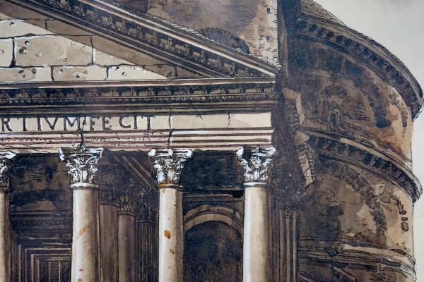 Veduta del Pantheon, XIX secolo, stampa e tecnica mista su carta, cm 30x39,5, entro cornice, (dif...