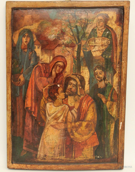 Apostu Ghiorghi - Icona a soggetto religioso su tavola, cm 49 x 34.