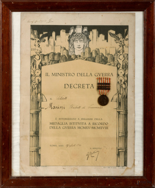 Lotto di due attestati, misura massima cm 50x34, entro cornice, (difetti)