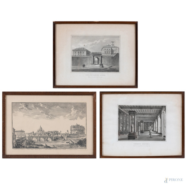 Lotto di tre stampe, XX secolo, misure massime cm  30x38, (segni di piegatura, foxing, segni piegatura della carta, difetti)