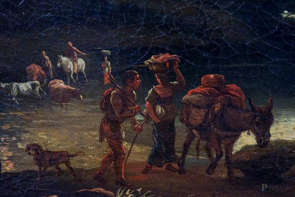 Pittore attivo a Genova alla fine del XVII secolo, Fuga da un incendio al chiaro di luna, olio su...