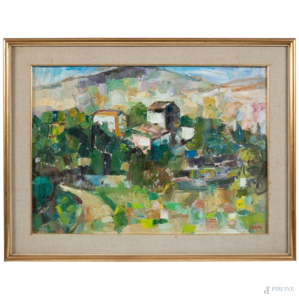 Manlio Sarra (1909-1986), Paesaggio con case, olio su tela , cm 50x70, firmato in basso a destra, entro cornice