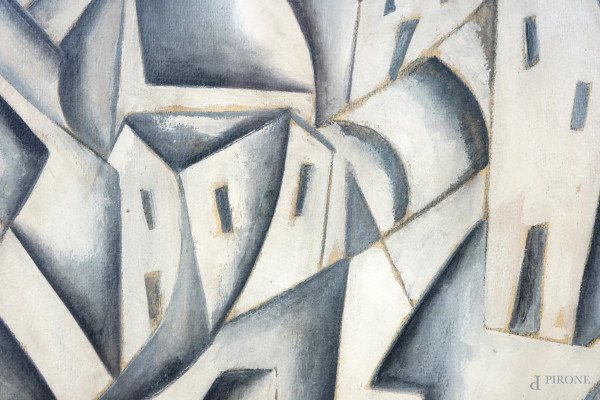 Fabrizio Marconi "Marfa", Paese di Ogisvaldo futurista, olio su carta telata, cm 34x24, firmato i...