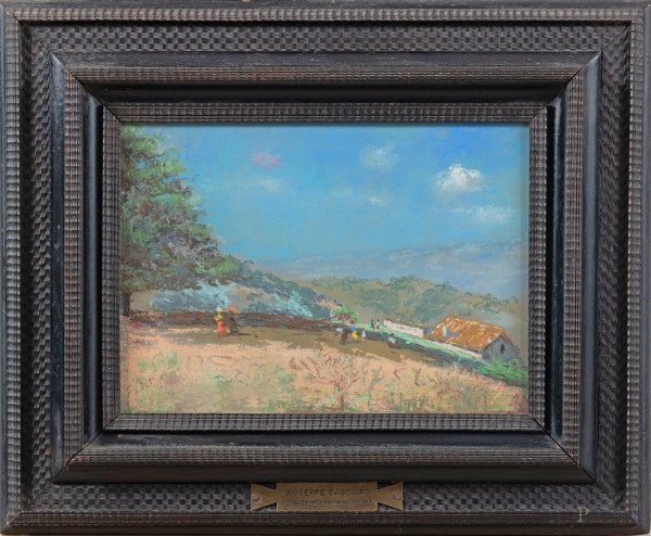 Attribuito a Giuseppe Casciaro (1863-1941), Paesaggio, pastello su carta, cm 26,5x36,5, entro cornice