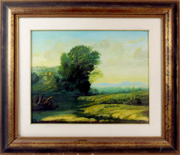 Paesaggio fluviale, olio su tela, cm 40,5x50, XX secolo, entro cornice