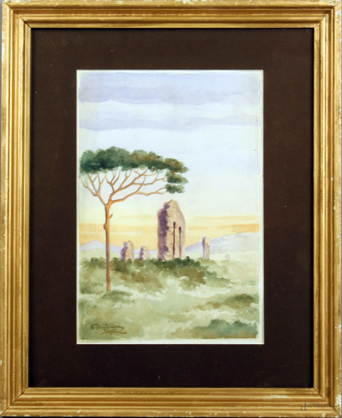 Dante Ricci - Paesaggio con rovine, acquarello su carta, cm. 25x17, entro cornice.