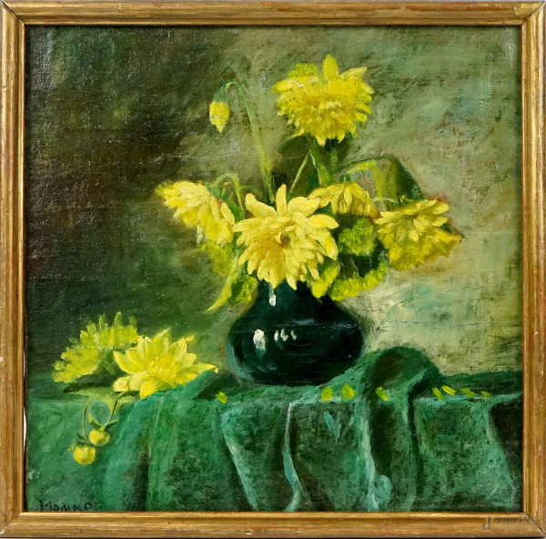 Vaso di fiori, olio su tela, cm 29,5x29,5, firmato Morino, entro cornice, (difetti sulla tela).