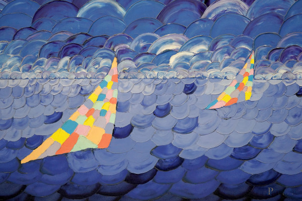 Paola Fabrizi, Vele, olio su tela, siglato in basso a destra, cm 60x120, entro cornice