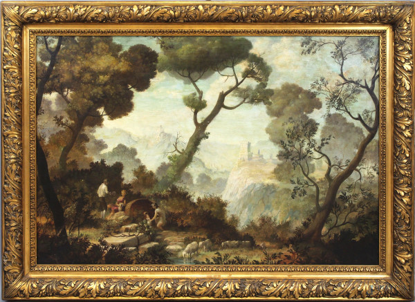 Paesaggio con figure, olio su tela, cm 97x142, XIX-XX secolo, entro cornice, (difetto alla tela)