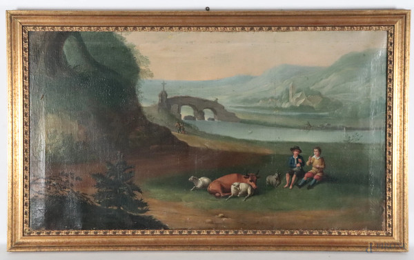 Paesaggio con pastorelli e armenti con fiume e ponte sullo sfondo, XIX secolo, olio su tela, cm 66,5x116, entro cornice, (segni di usura, ondulazioni della tela, segni di battitura del telaio, sollevamenti e cadute di colore, craquelure, tracce di umidità, difetti)