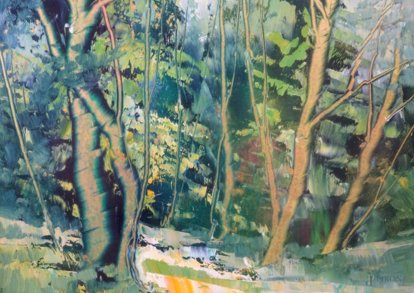 Scorcio di bosco, olio su lastra in metallo dorato, cm 21,5x16, firmato Veneziani, entro cornice