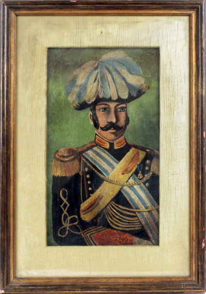 Ritratto di ufficiale in divisa, olio su tavola, cm 35x20, firmato Adelmo Costanzi, entro cornice.