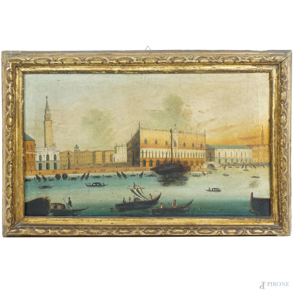 Veduta di Venezia, sec. XIX, olio su tela, cm 35,5x57,5, entro cornice, (difetti)