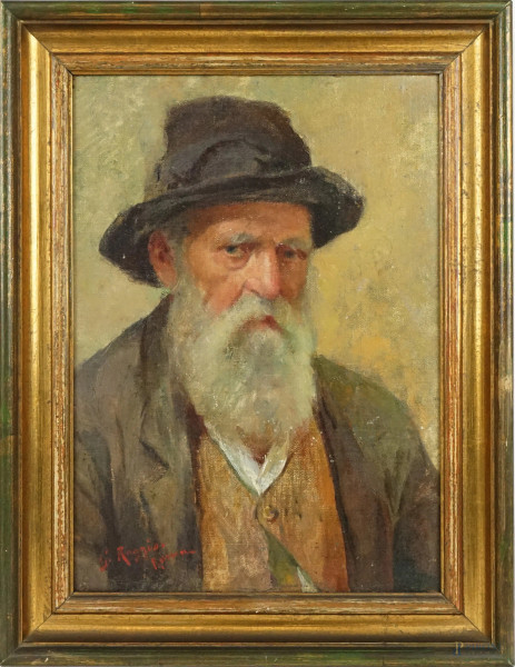Ritratto d'anziano, olio su tela riportata su cartone, cm 40x29, firmato, entro cornice.