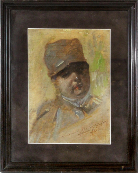 Francesco Netti - Ritratto di soldato, olio su cartone, cm. 34,5x25, entro cornice.