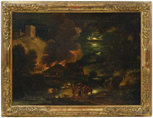 Pieter Mulier (Haarlem, 1637 - Milano, 1701), Paesaggio fluviale con incendio, olio su tela, cm 39,5x53,5, entro cornice