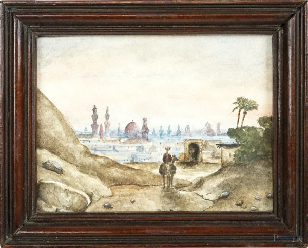 Pittore del XX secolo, Veduta orientalista, acquarello su carta, cm 9x12, entro cornice
