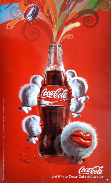 Coca Cola, insegna pubblicitaria vintage in banda stagnata (latta), cm 50x30