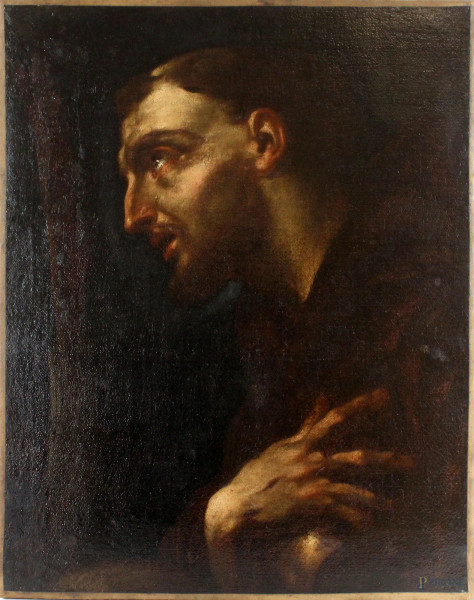 Seguace di Francesco Trevisani (Capodistria 1656 - Roma 1746), San Francesco che adora la Croce, olio su tela, cm 54x42