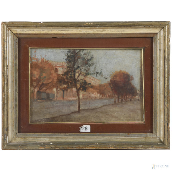 Lungo il fiume, XX secolo, olio su tela, cm 26x39, firmato in basso, entro cornice