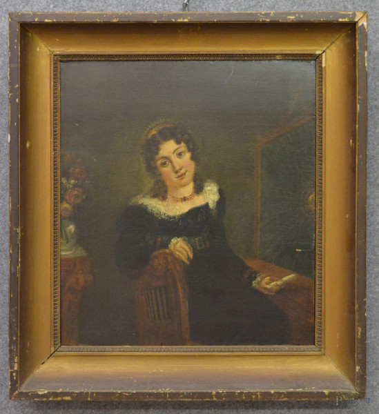 Ritratto di donna, dipinto dell'800 ad olio su tavola 40x47 cm, entro cornice.