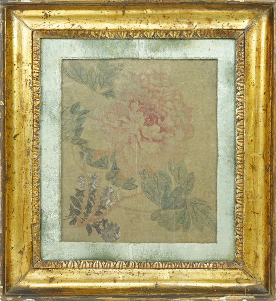 Peonia, dipinto su seta, manifattura orientale del XIX secolo, cm 32,5x28,5, entro cornice