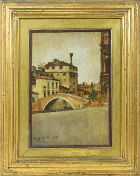 Ponte a Venezia, olio su tavola, firmato e datato in basso a sinistra Salvetti 1885, cm 33,8x23,5, entro cornice.