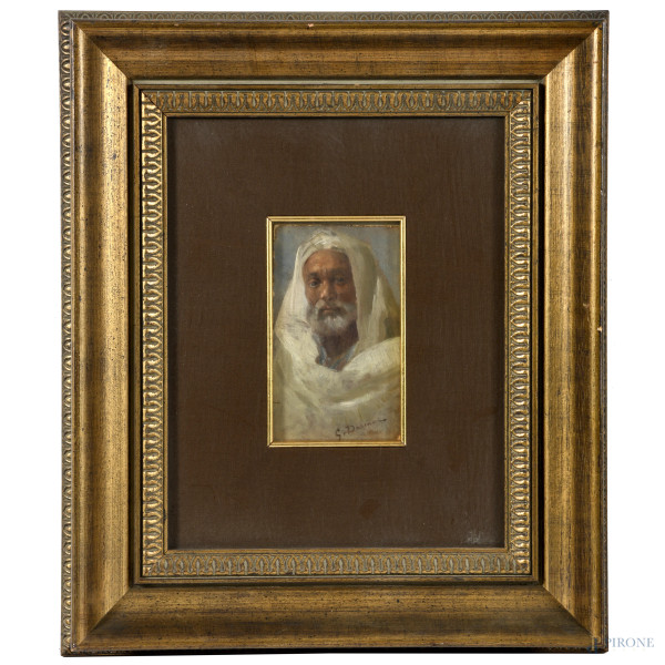 Ritratto d'arabo, XIX-XX secolo, olio su tavoletta, cm 23,5x14, firmato in basso,  entro passepartout e cornice, (cadute di colore ai margini)