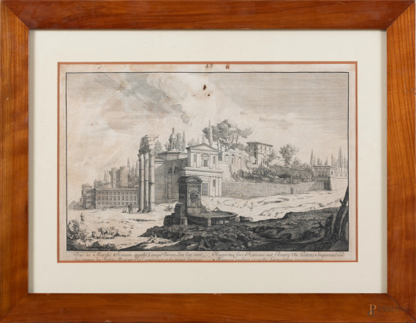 Incisione raffigurante veduta della città di Roma, XIX secolo, cm 43x58 compreso passepartout, entro cornice, (segni di usura, tracce di umidità. gore, foxing, segni di piegatura, lacerazioni)