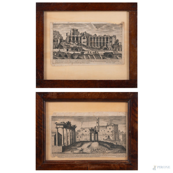 Lotto di due incisioni raffiguranti vedute di Roma, carta applicata su compensato, XIX secolo, misure massime cm 16,5x28, entro cornice, (segni di usura, foxing, tracce di umidità, gore, segni di piegatura, lacune)