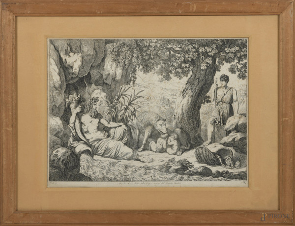 Romolo e Remo allattati dalla Lupa e scoperti dal pastore Faustolo, XX secolo, incisione da Bartolomeo Pinelli, cm 42x57 compreso passepartout, entro cornice, (ondulazioni della carta, foxing, gore, tracce di umidità)