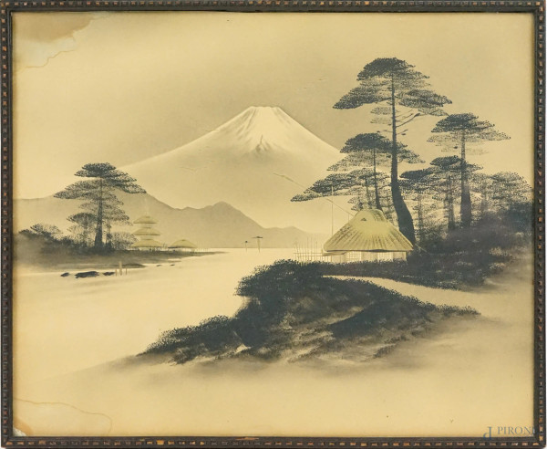 Monte Fuji, stampa con lumeggiature dorate, cm 24x29,5, XX secolo, entro cornice
