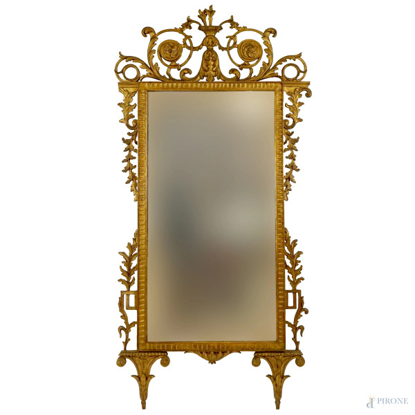 Specchiera di linea rettangolare, XIX secolo, in legno intagliato e dorato, cimasa a volute, misure ingombro cm h 177x90, misure luce cm 110x56, (difetti e mancanze)