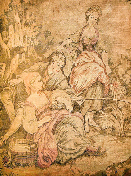 Antico arazzo raffigurante scena bucolica, cm 90x140    