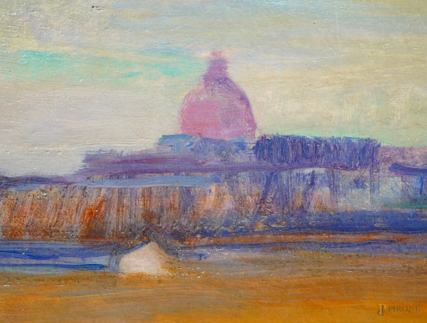 Campagna romana con armenti, olio su cartone telato, firmato, cm 45,5x115, entro cornice