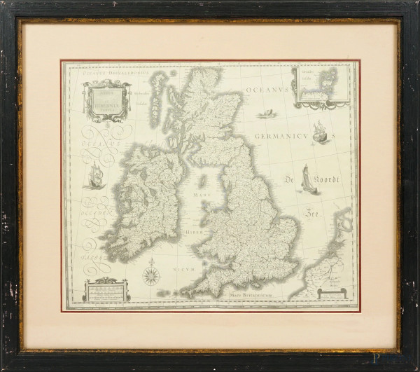 Magna Britanniae et Hiberniae Tabula, stampa su carta, XIX secolo, cm 40x46 compreso passepartout, (difetti)