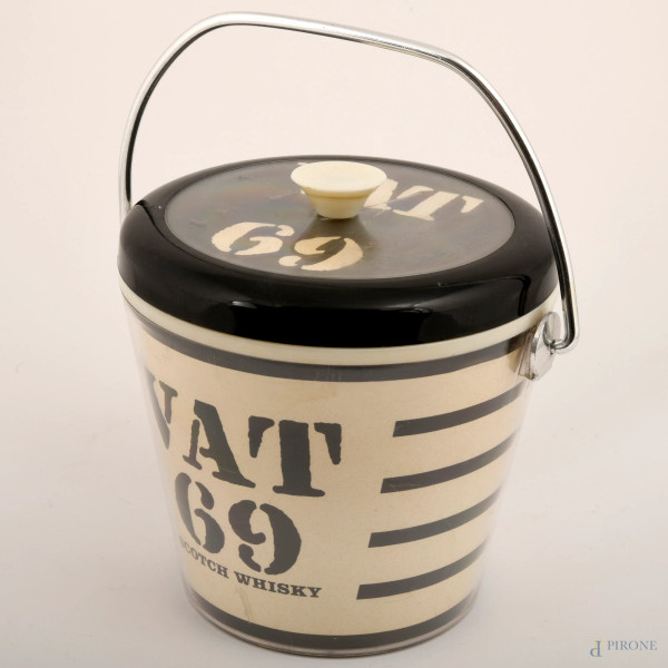 Portaghiaccio in metallo "Vat 69 Scotch Whisky", altezza cm 19, (difetti)